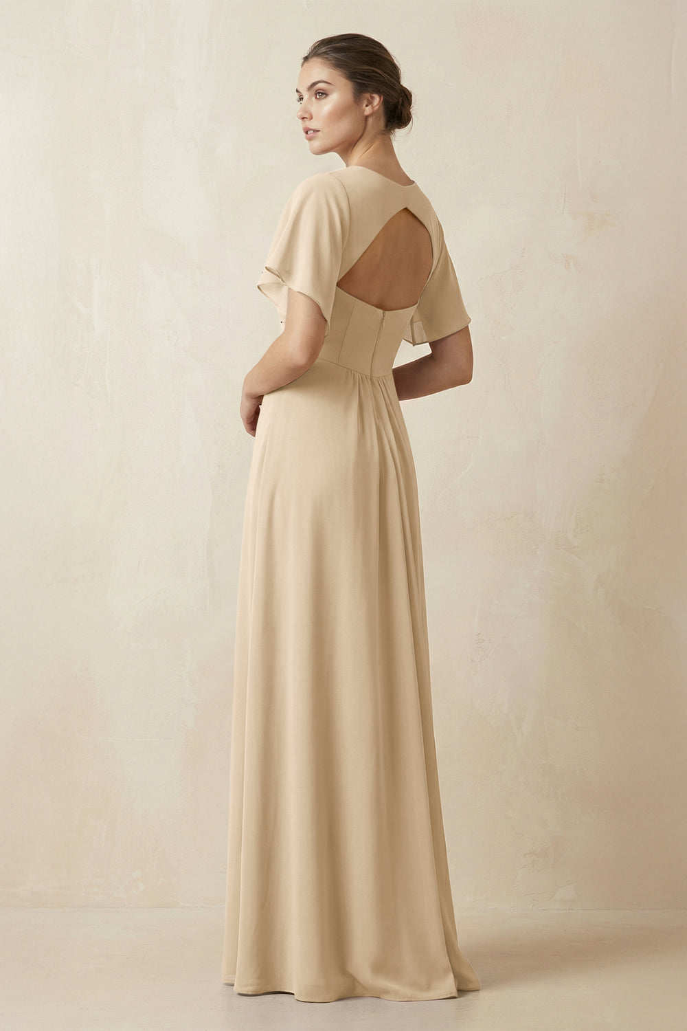 Short Sleeve V-Neck Chiffon A-Line Bridesmaid Dress in Champagne