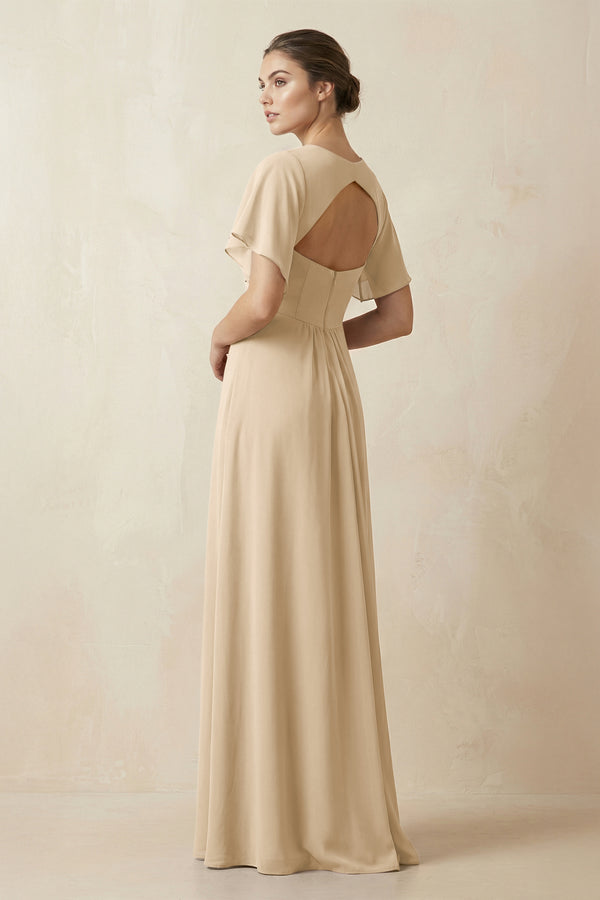Short Sleeve V-Neck Chiffon A-Line Bridesmaid Dress in Champagne (2) | KISSBRIDAL