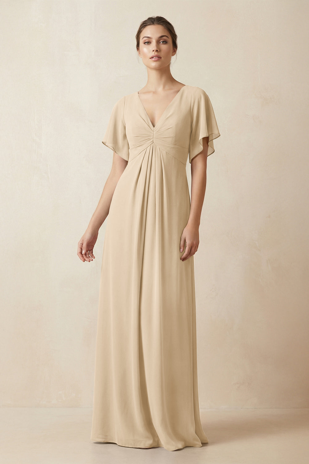 Short Sleeve V-Neck Chiffon A-Line Bridesmaid Dress in Champagne