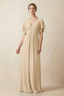 Short Sleeve V-Neck Chiffon A-Line Bridesmaid Dress in Champagne | KISSBRIDAL