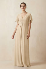 Short Sleeve V-Neck Chiffon A-Line Bridesmaid Dress in Champagne | KISSBRIDAL