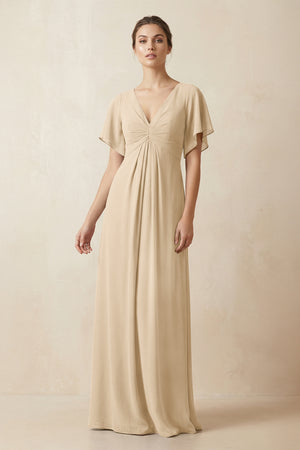 Short Sleeve V-Neck Chiffon A-Line Bridesmaid Dress in Champagne | KISSBRIDAL