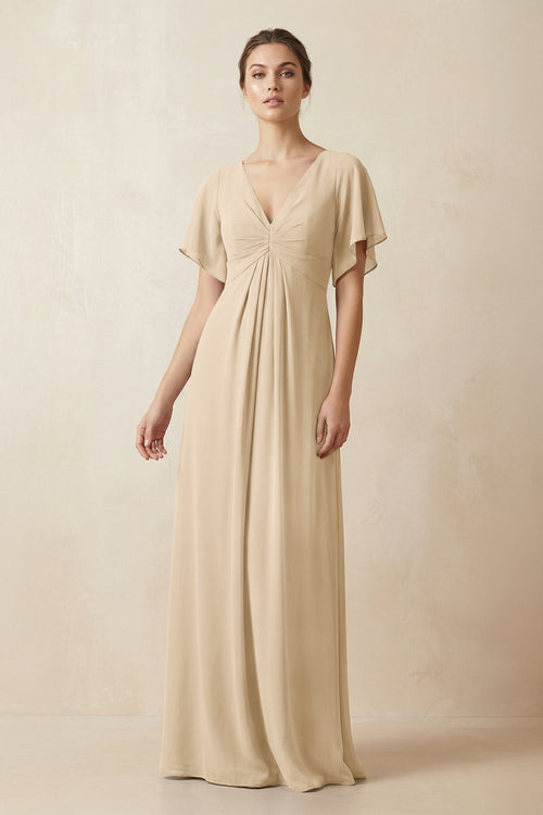 Short Sleeve V-Neck Chiffon A-Line Bridesmaid Dress in Champagne | KISSBRIDAL