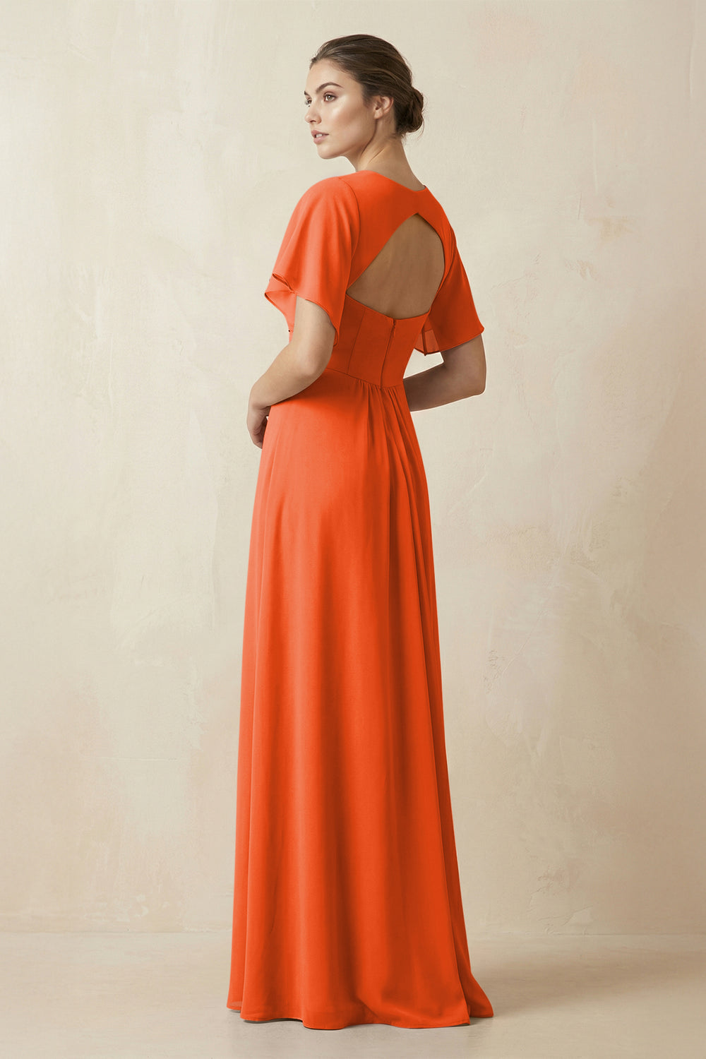 Short Sleeve V-Neck Chiffon A-Line Bridesmaid Dress in Cinnamon