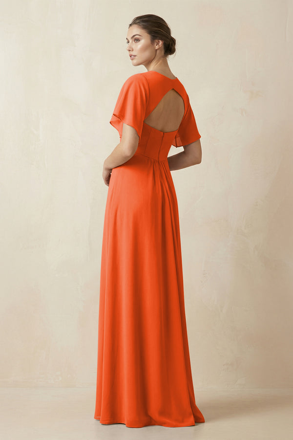 Short Sleeve V-Neck Chiffon A-Line Bridesmaid Dress in Cinnamon (2) | KISSBRIDAL