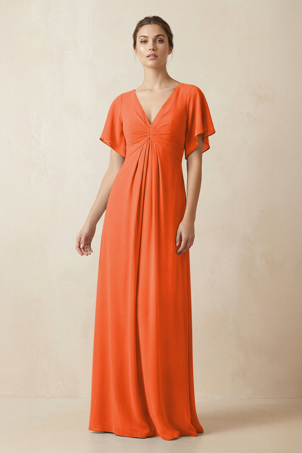 Short Sleeve V-Neck Chiffon A-Line Bridesmaid Dress in Cinnamon