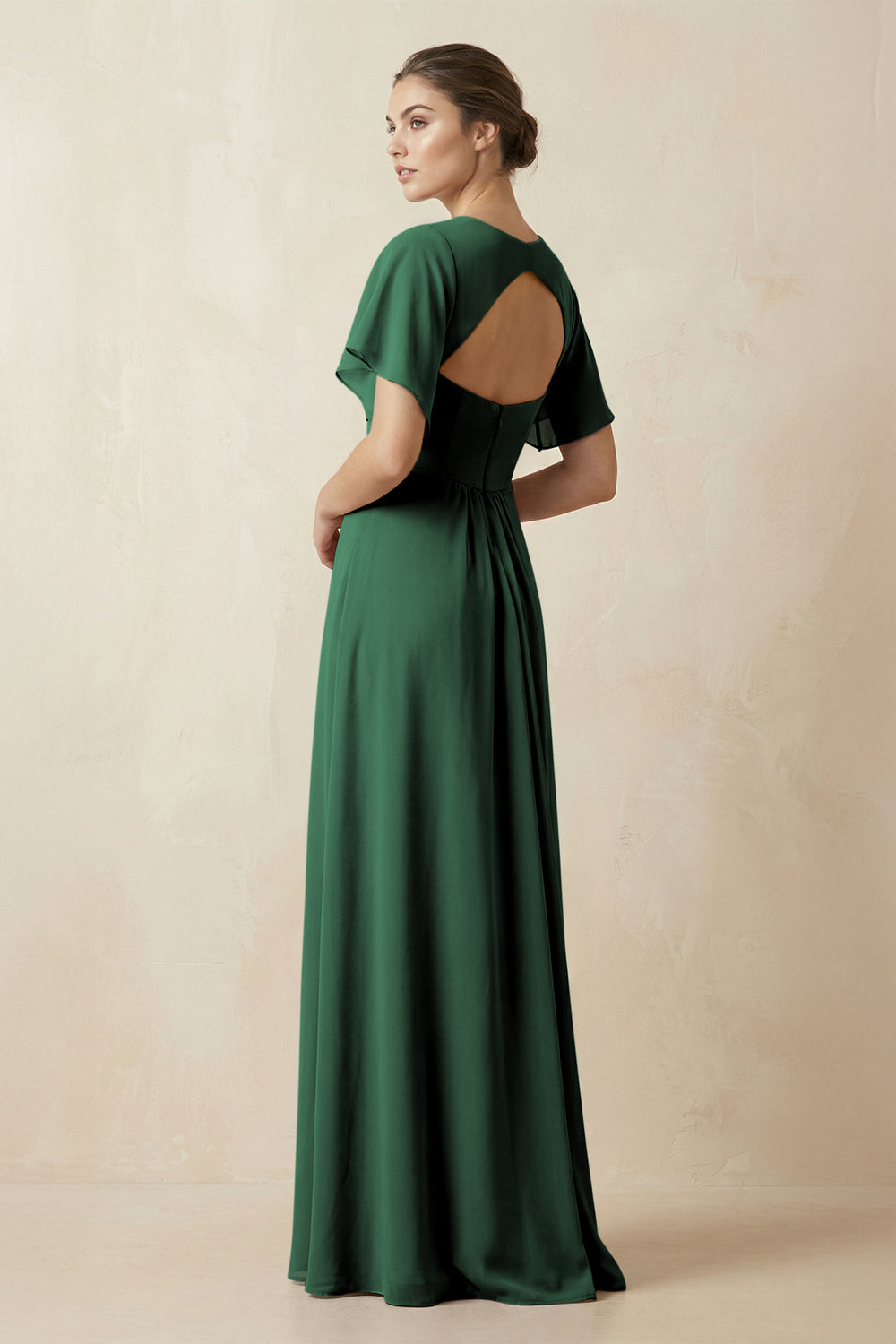 Short Sleeve V-Neck Chiffon A-Line Bridesmaid Dress in Dark Green