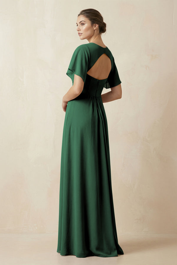 Short Sleeve V-Neck Chiffon A-Line Bridesmaid Dress in Dark Green (2) | KISSBRIDAL