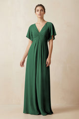 Short Sleeve V-Neck Chiffon A-Line Bridesmaid Dress in Dark Green | KISSBRIDAL
