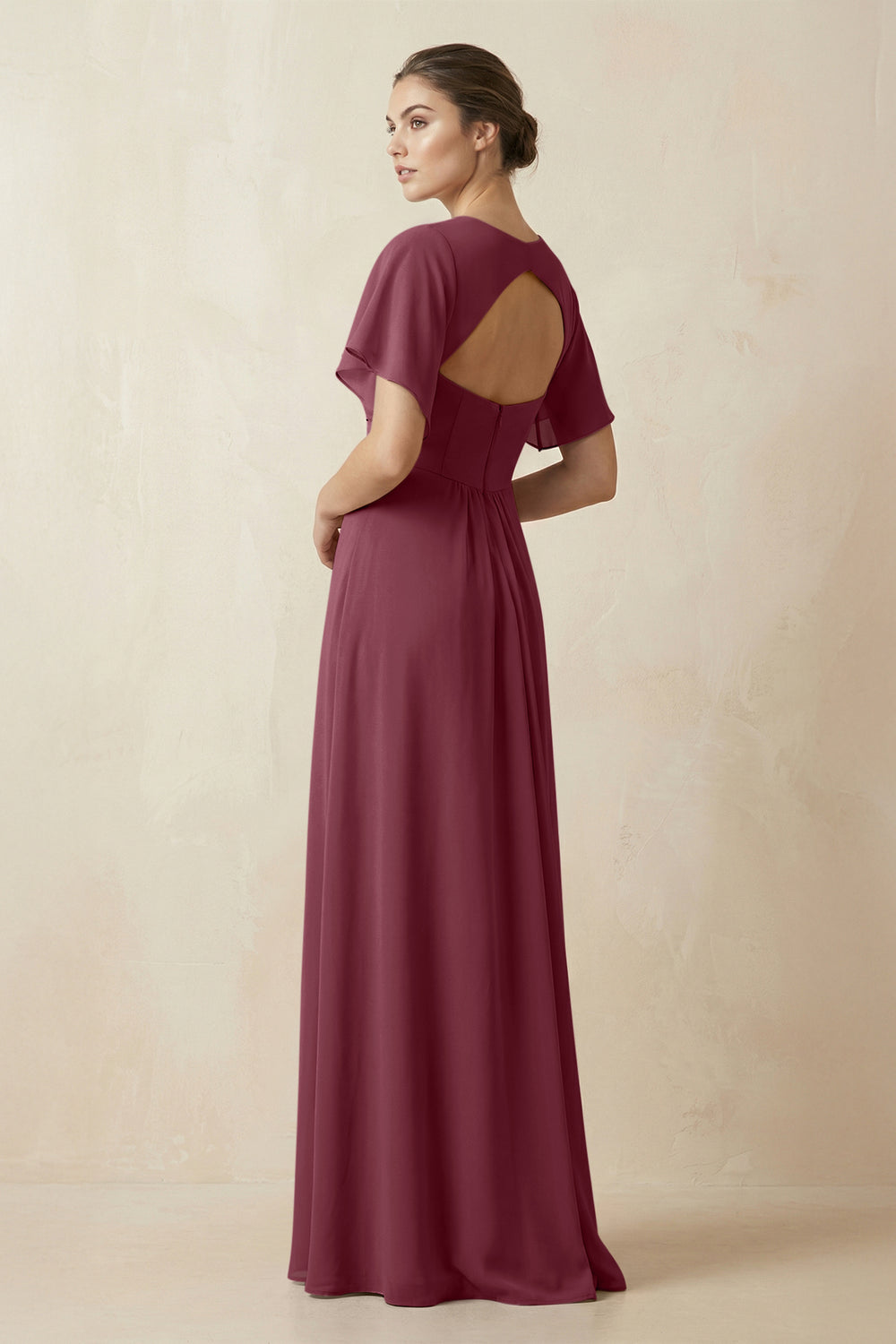 Short Sleeve V-Neck Chiffon A-Line Bridesmaid Dress in Desert Rose