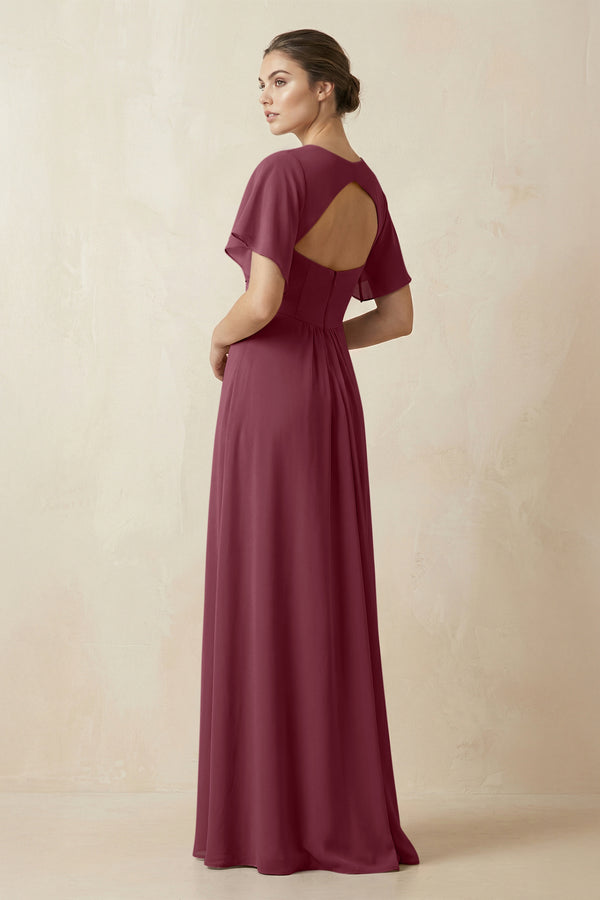 Short Sleeve V-Neck Chiffon A-Line Bridesmaid Dress in Desert Rose (2) | KISSBRIDAL