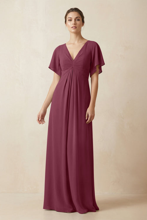 Short Sleeve V-Neck Chiffon A-Line Bridesmaid Dress in Desert Rose | KISSBRIDAL