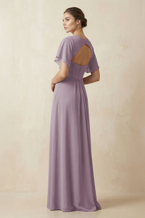 Short Sleeve V-Neck Chiffon A-Line Bridesmaid Dress in Dusk (2) | KISSBRIDAL