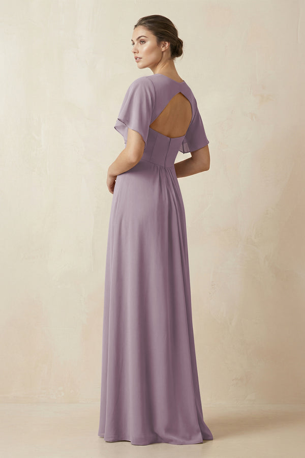 Short Sleeve V-Neck Chiffon A-Line Bridesmaid Dress in Dusk (2) | KISSBRIDAL
