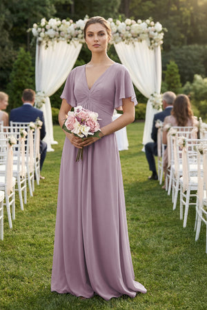Short Sleeve V-Neck Chiffon A-Line Bridesmaid Dress in Dusk (4) | KISSBRIDAL