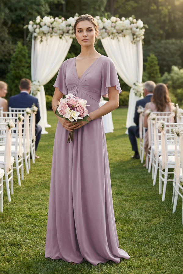 Short Sleeve V-Neck Chiffon A-Line Bridesmaid Dress in Dusk (4) | KISSBRIDAL