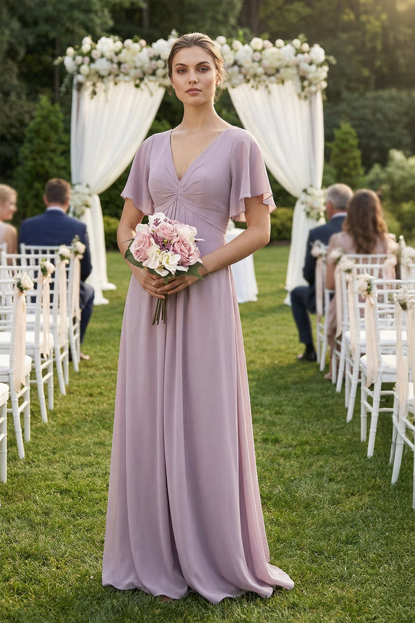 Short Sleeve V - Neck Chiffon A - Line Bridesmaid Dress in Dusk - SHE IS ME Bridesmaid Dresses