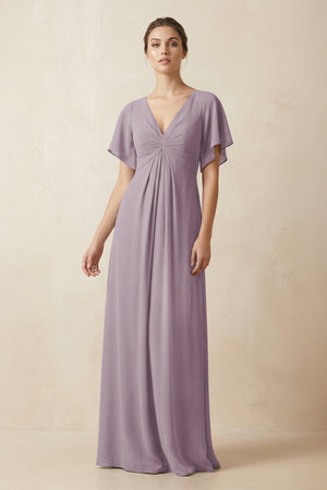 Short Sleeve V-Neck Chiffon A-Line Bridesmaid Dress in Dusk | KISSBRIDAL