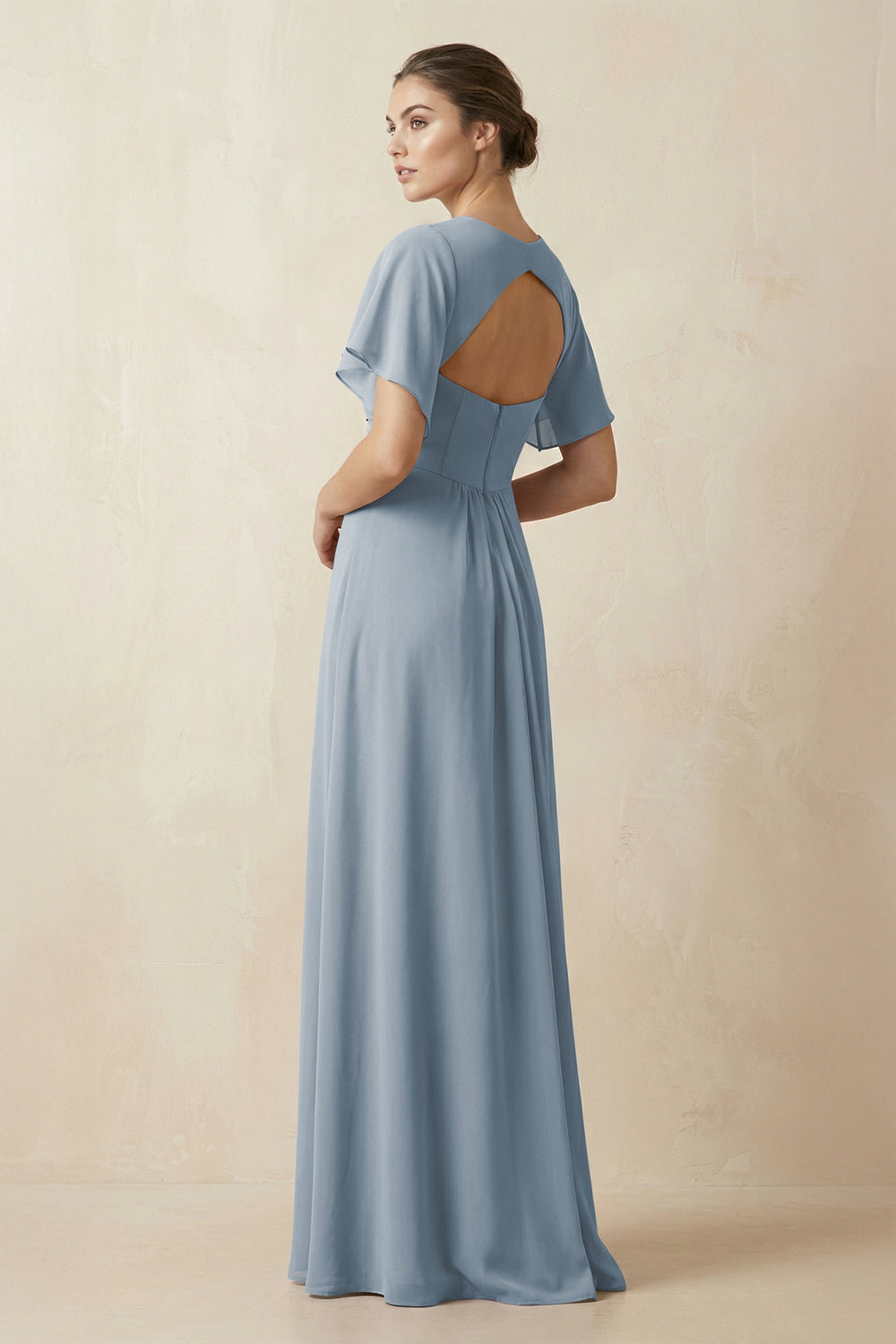 Short Sleeve V-Neck Chiffon A-Line Bridesmaid Dress in Dusty Blue