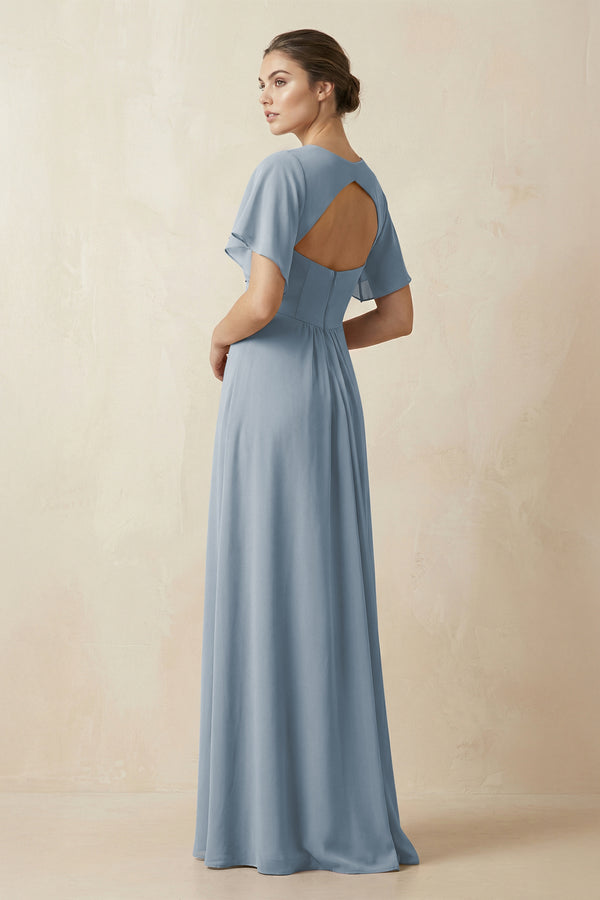 Short Sleeve V-Neck Chiffon A-Line Bridesmaid Dress in Dusty Blue (2) | KISSBRIDAL
