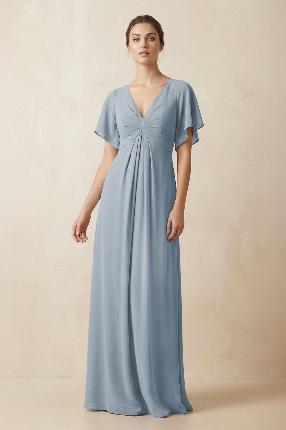 Short Sleeve V-Neck Chiffon A-Line Bridesmaid Dress in Dusty Blue