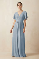 Short Sleeve V-Neck Chiffon A-Line Bridesmaid Dress in Dusty Blue | KISSBRIDAL