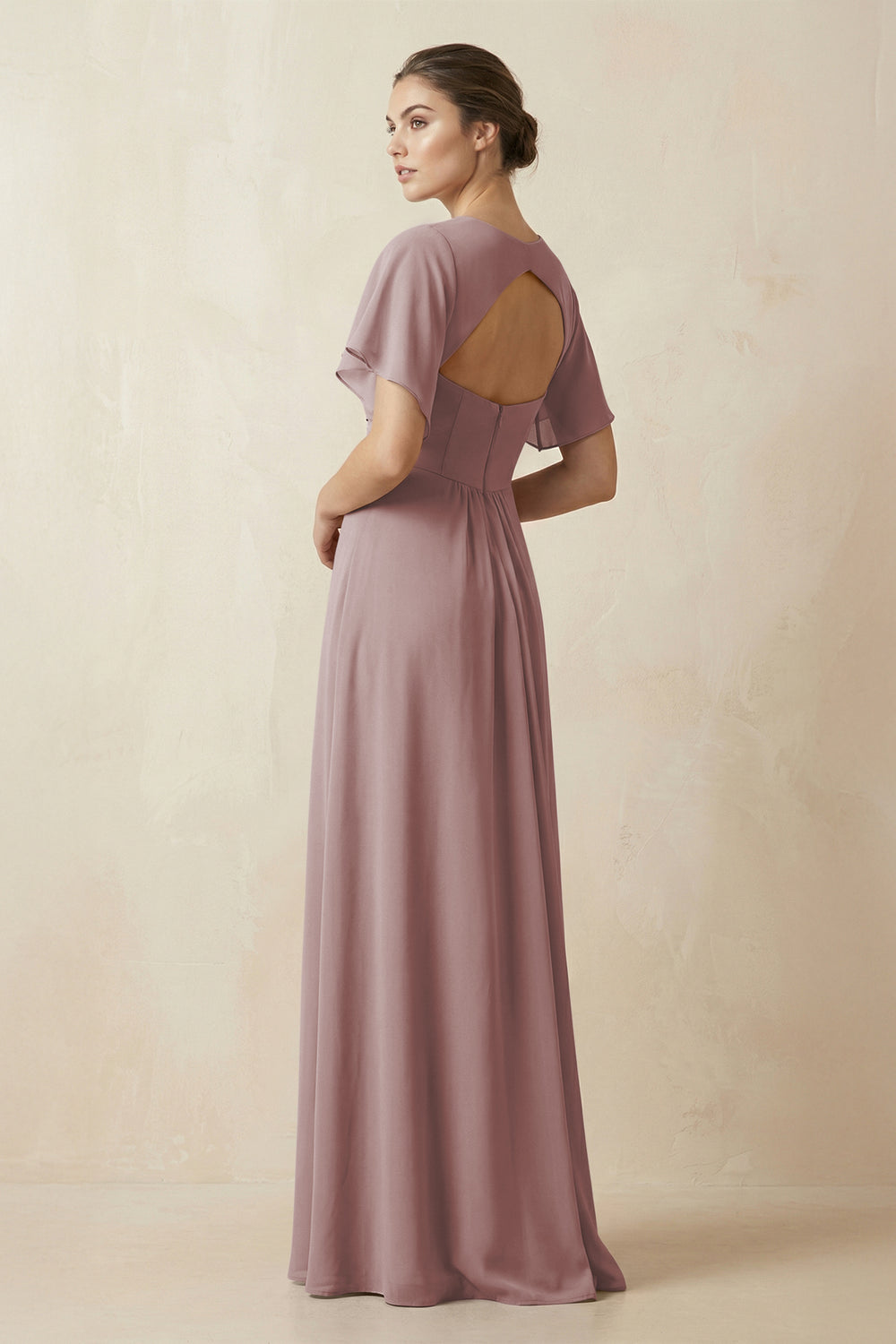 Short Sleeve V-Neck Chiffon A-Line Bridesmaid Dress in Dusty Rose