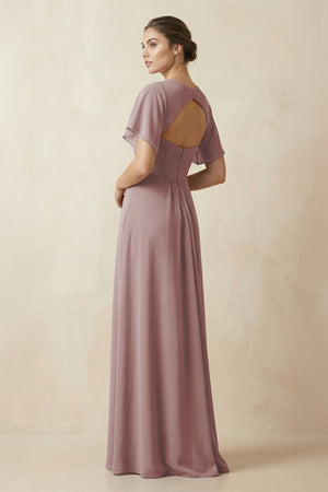 Short Sleeve V-Neck Chiffon A-Line Bridesmaid Dress in Dusty Rose (2) | KISSBRIDAL