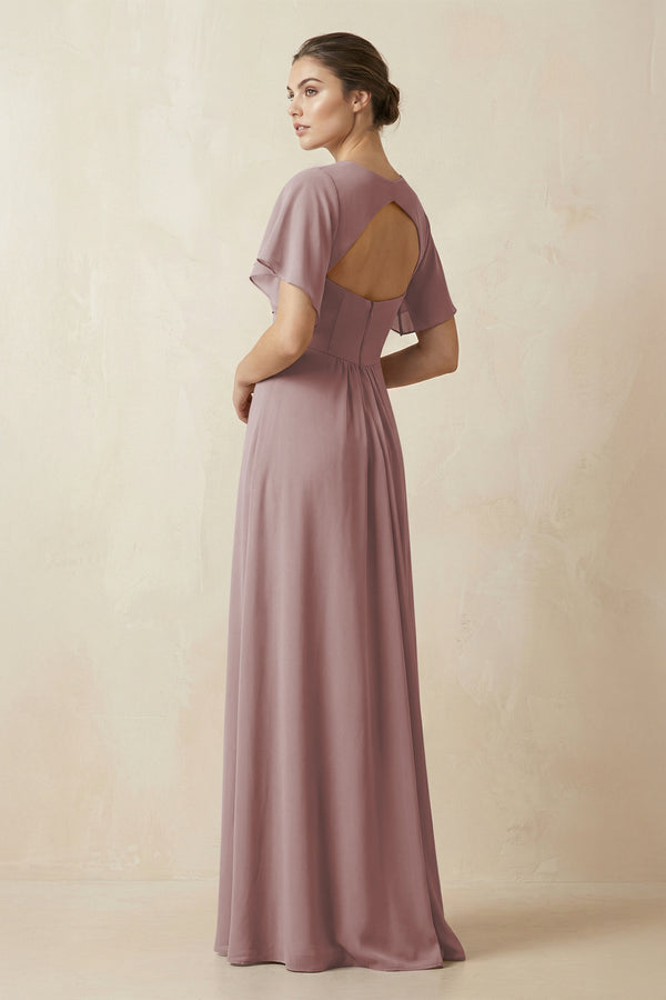 Short Sleeve V-Neck Chiffon A-Line Bridesmaid Dress in Dusty Rose (2) | KISSBRIDAL