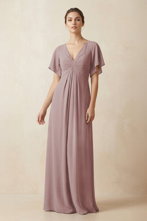 Short Sleeve V-Neck Chiffon A-Line Bridesmaid Dress in Dusty Rose | KISSBRIDAL