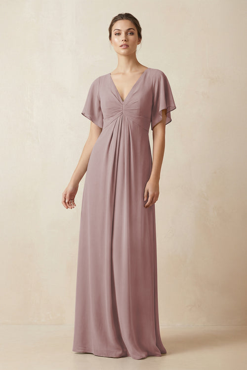 Short Sleeve V-Neck Chiffon A-Line Bridesmaid Dress in Dusty Rose | KISSBRIDAL