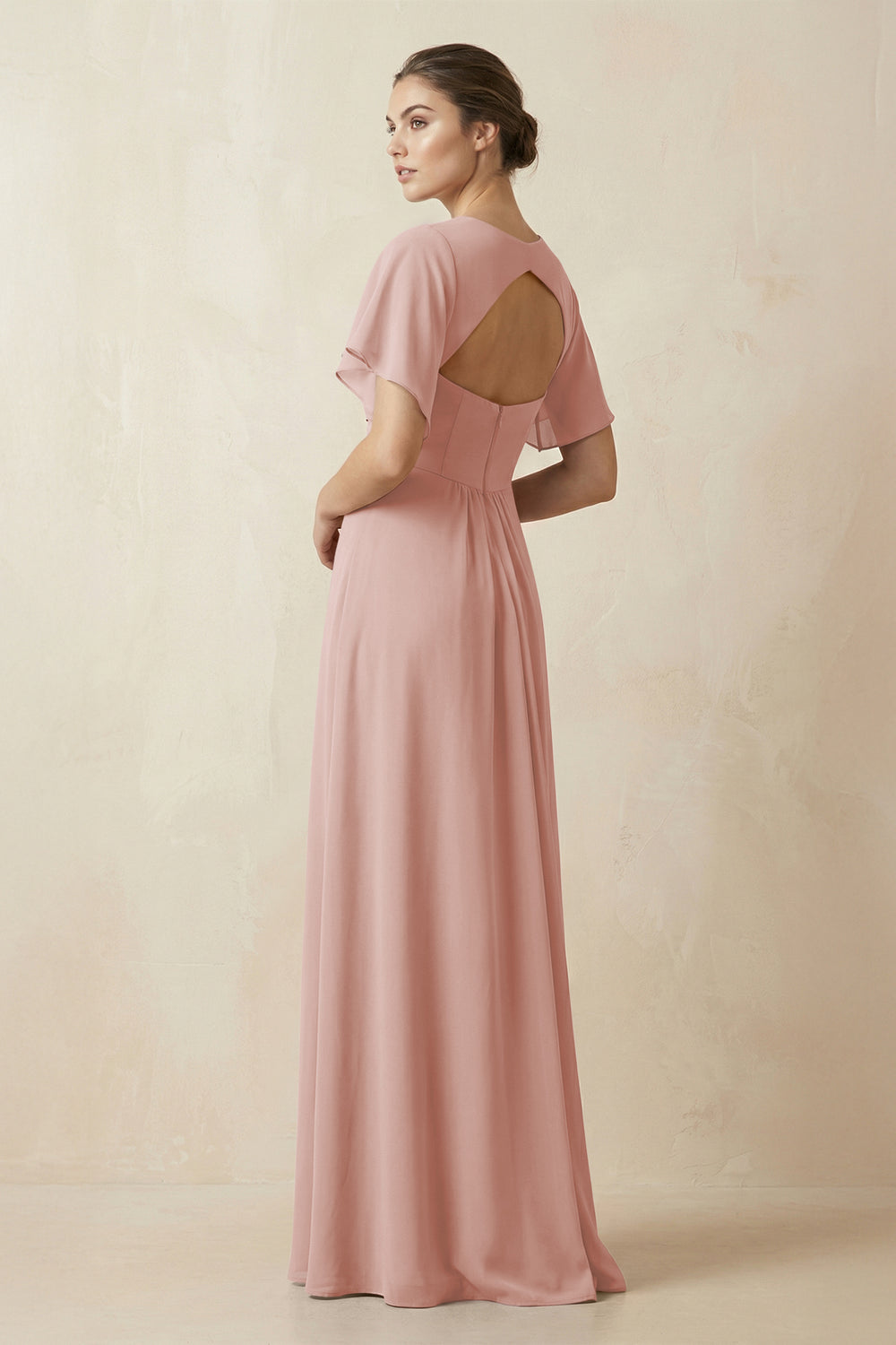 Short Sleeve V-Neck Chiffon A-Line Bridesmaid Dress in English Rose