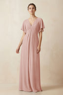 Short Sleeve V-Neck Chiffon A-Line Bridesmaid Dress in English Rose | KISSBRIDAL