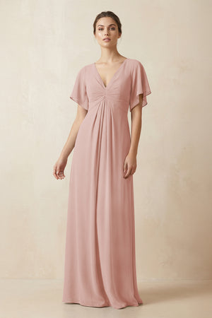 Short Sleeve V-Neck Chiffon A-Line Bridesmaid Dress in English Rose | KISSBRIDAL