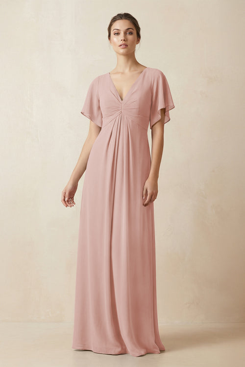 Short Sleeve V-Neck Chiffon A-Line Bridesmaid Dress in English Rose | KISSBRIDAL