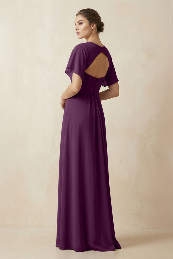 Short Sleeve V-Neck Chiffon A-Line Bridesmaid Dress in Fig (2) | KISSBRIDAL