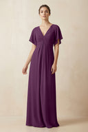 Short Sleeve V-Neck Chiffon A-Line Bridesmaid Dress in Fig | KISSBRIDAL