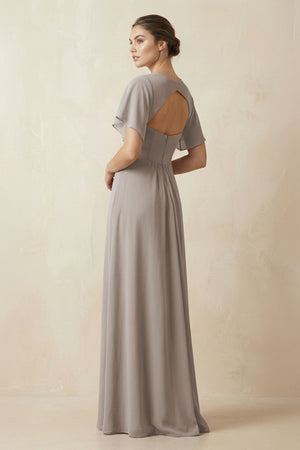 Short Sleeve V-Neck Chiffon A-Line Bridesmaid Dress in Frost (2) | KISSBRIDAL