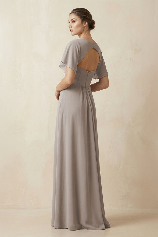 Short Sleeve V-Neck Chiffon A-Line Bridesmaid Dress in Frost (2) | KISSBRIDAL