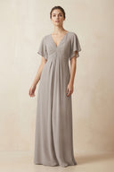 Short Sleeve V-Neck Chiffon A-Line Bridesmaid Dress in Frost | KISSBRIDAL