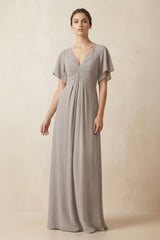 Short Sleeve V-Neck Chiffon A-Line Bridesmaid Dress in Frost | KISSBRIDAL