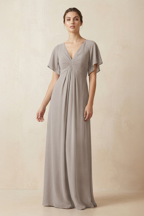 Short Sleeve V-Neck Chiffon A-Line Bridesmaid Dress in Frost | KISSBRIDAL