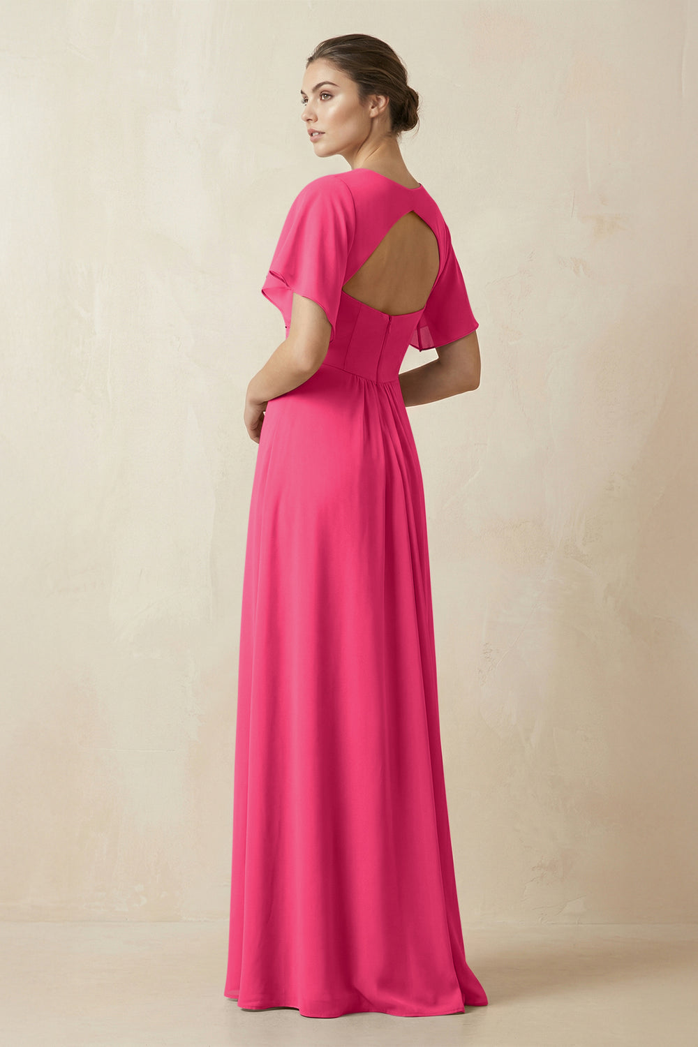 Short Sleeve V-Neck Chiffon A-Line Bridesmaid Dress in Fuchsia