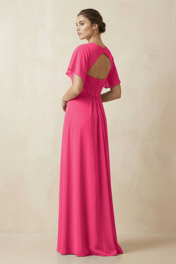 Short Sleeve V-Neck Chiffon A-Line Bridesmaid Dress in Fuchsia (2) | KISSBRIDAL