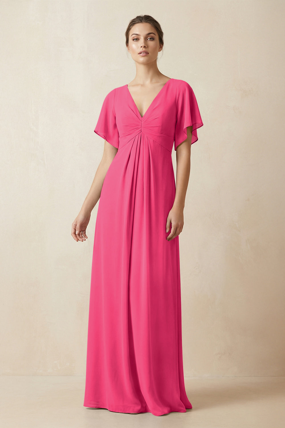 Short Sleeve V-Neck Chiffon A-Line Bridesmaid Dress in Fuchsia