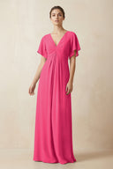Short Sleeve V-Neck Chiffon A-Line Bridesmaid Dress in Fuchsia | KISSBRIDAL