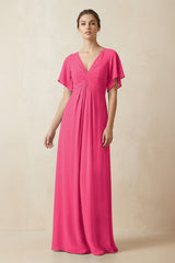 Short Sleeve V-Neck Chiffon A-Line Bridesmaid Dress in Fuchsia | KISSBRIDAL
