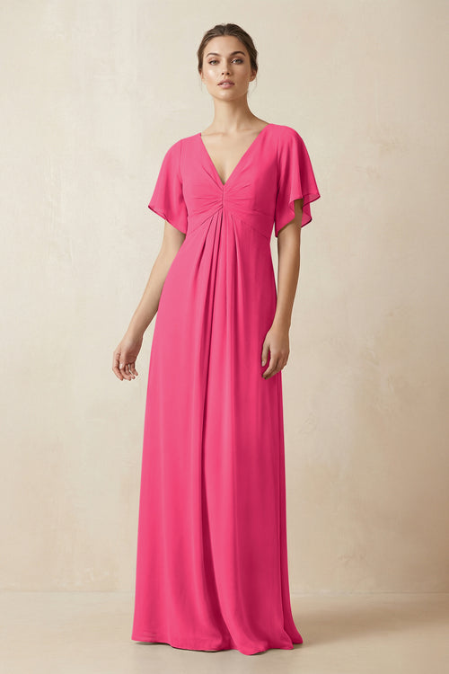 Short Sleeve V-Neck Chiffon A-Line Bridesmaid Dress in Fuchsia | KISSBRIDAL