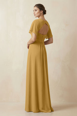 Short Sleeve V-Neck Chiffon A-Line Bridesmaid Dress in Marigold (2) | KISSBRIDAL