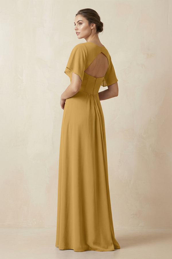 Short Sleeve V-Neck Chiffon A-Line Bridesmaid Dress in Marigold (2) | KISSBRIDAL